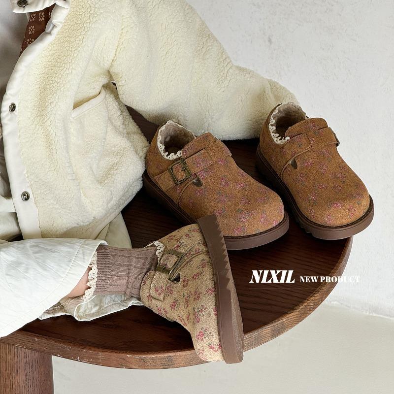 Winter new girls' big cotton shoes lace edge floral fleece frosted leather cotton shoes