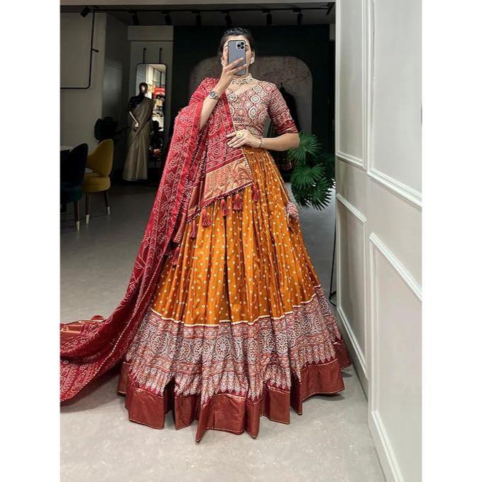 Woman's Perfectly  Collection Tussar Silk Lehenga Choli Patola Print with Foil Work ,Unstiched Blouse,