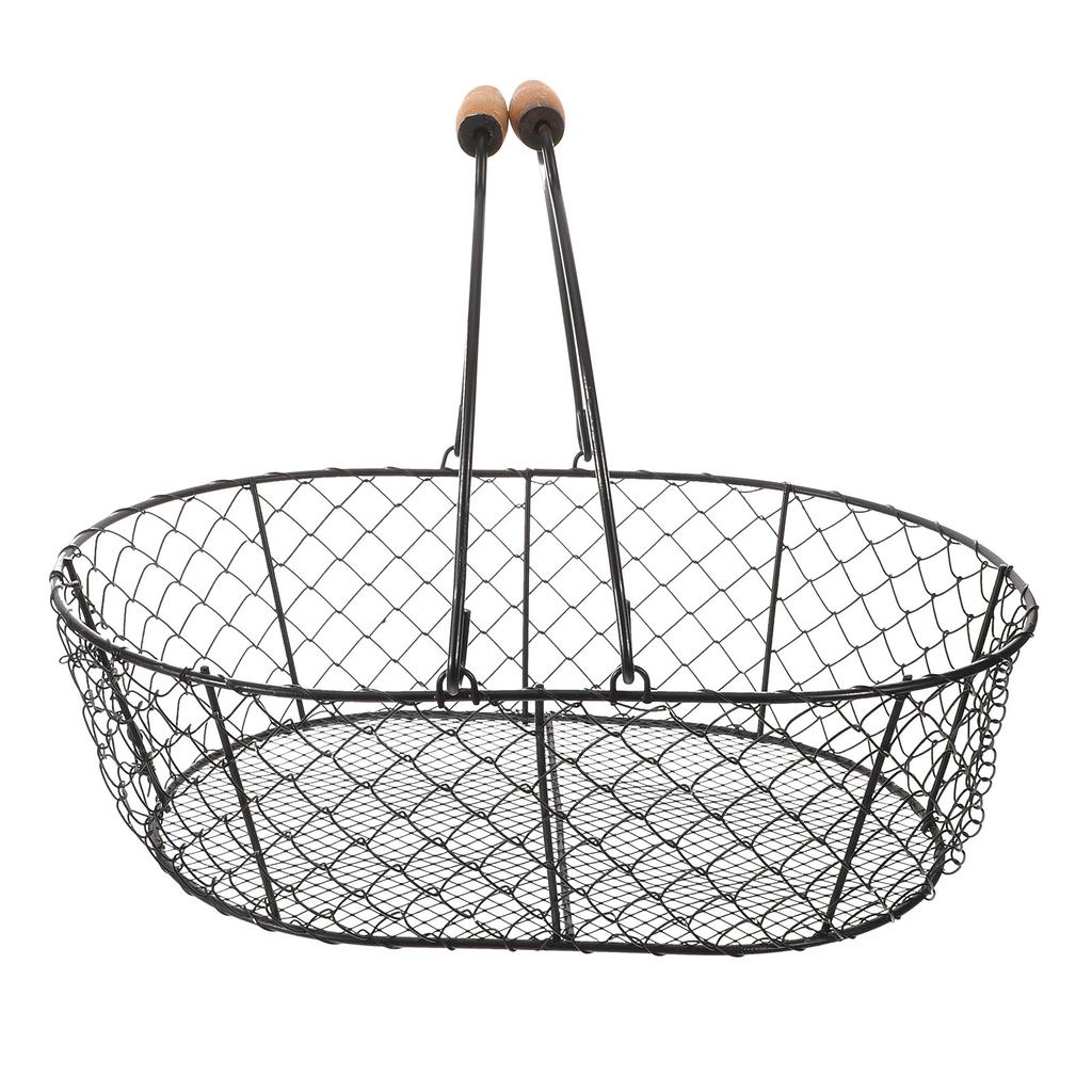 Elegant Wrought Iron Wire Basket with Wood Handles Vintage Style Rustic Metal Storage Basket for Living Room Bathroom Fireplace