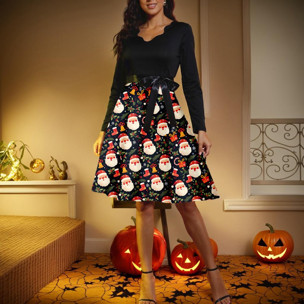 Women's Casual Fashion V-neck Long Sleeved Retro Christmas Print Retro Dress