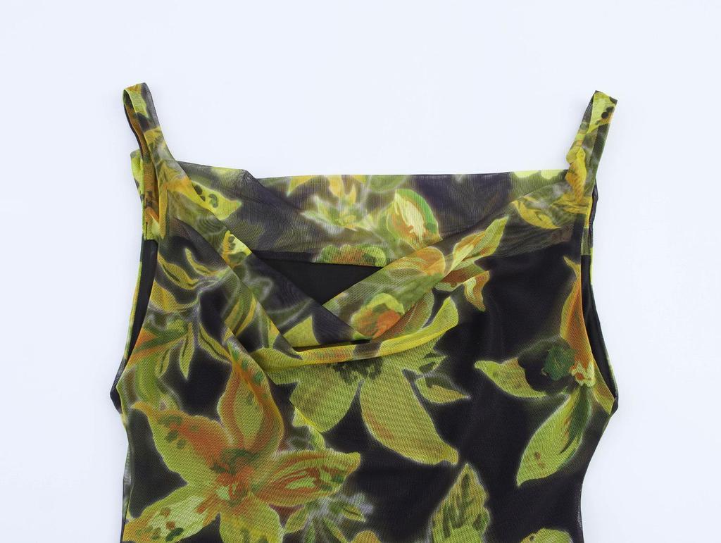 ZA Women's 2025 Summer Fashion Backless Silk Mesh Print Spaghetti Strap Dress