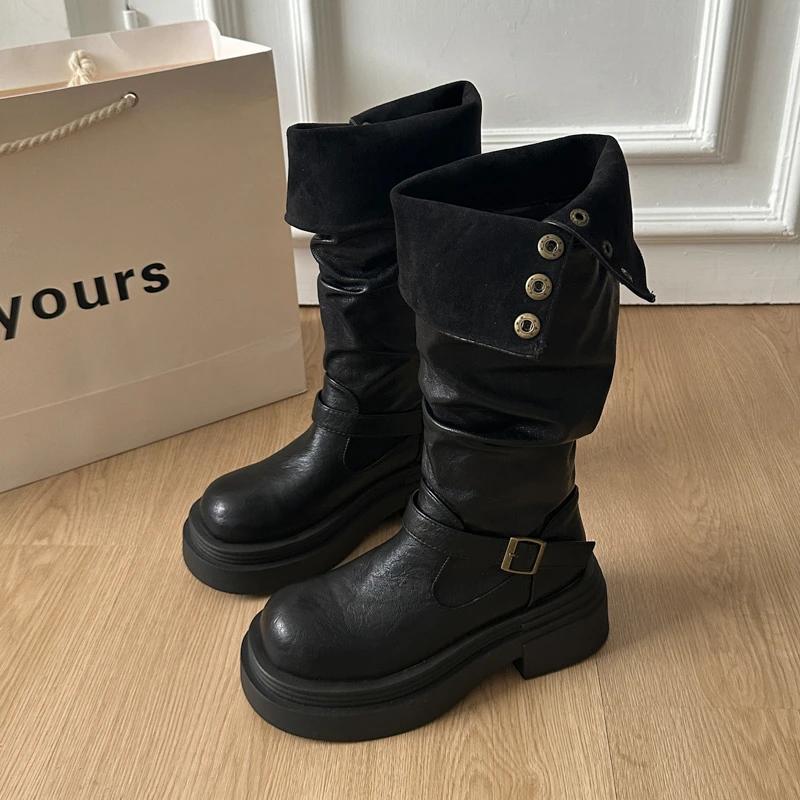 Autumn Winter Platform Thick Bottom Woman Knee High Boots Shoes Ladies Elegant Belt Buckle Knight Booties