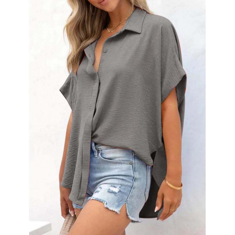 2025 Summer Women's Casual Solid Color Button Short Sleeve Shirt