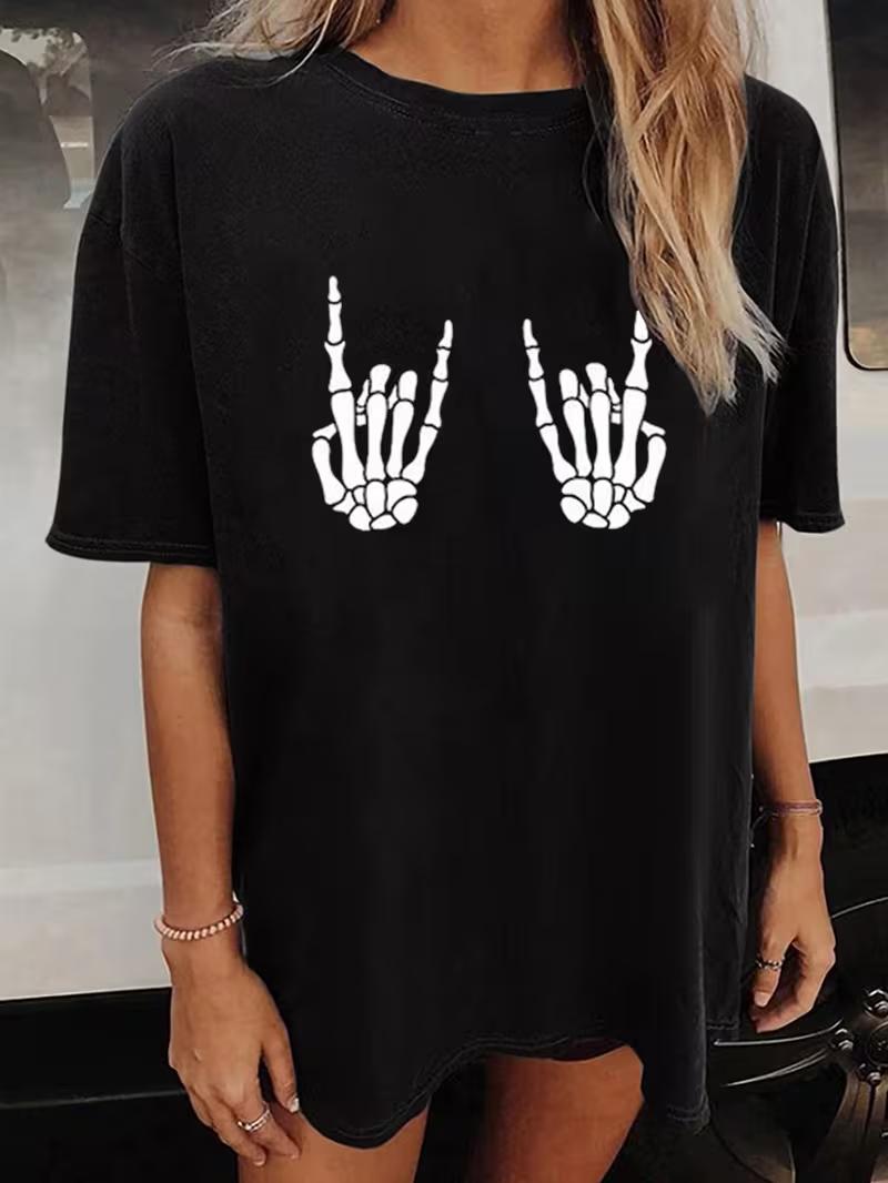 Skull Print Crew Neck Tshirt Casual Loose Short Sleeve Fashion Summer TShirts Tops Womens Clothing Womens Tshirt S