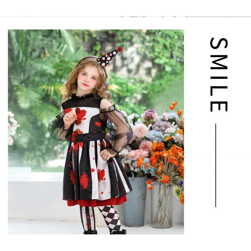 Kids Clown Costume Dress Set Halloween Carnival Circus Party Performance Outfit Girls Long Sleeve Lace