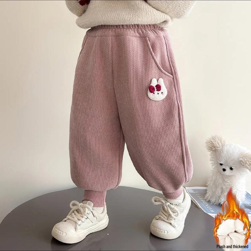 Fleece-Lined Cuffed Autumn/Winter Pants for Girls - Windproof, Warm Cartoon Design
