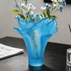 LIULI Art Vase Sculpture Collection, Handcrafted Traditional LIULI Decor with Blue Gradient Frosted Body, Magpie On Blossom and Phoenix Motif (Floral