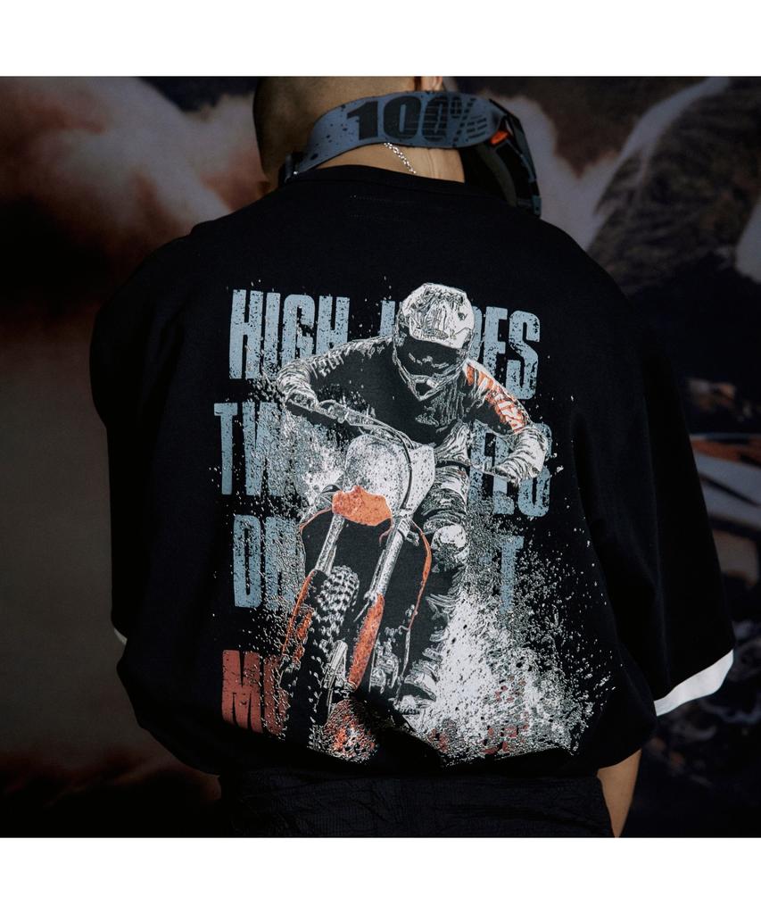 Silijeu Motorcycle Print Short Sleeve T-Shirt Satam26811Bkx