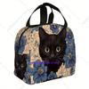 Black Cat Surrounded by Blue Flowers Print Thermal Bag Insulation Tote for Home Restaurant/Office Use Unisex Portable Reusable