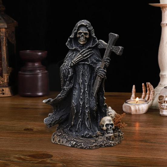 Grim Reaper Statue Halloween Black Horror Robe Sculpture Gothic Resin Santa Muerte Figurine for Halloween Indoor Bookshelf Desk Decor