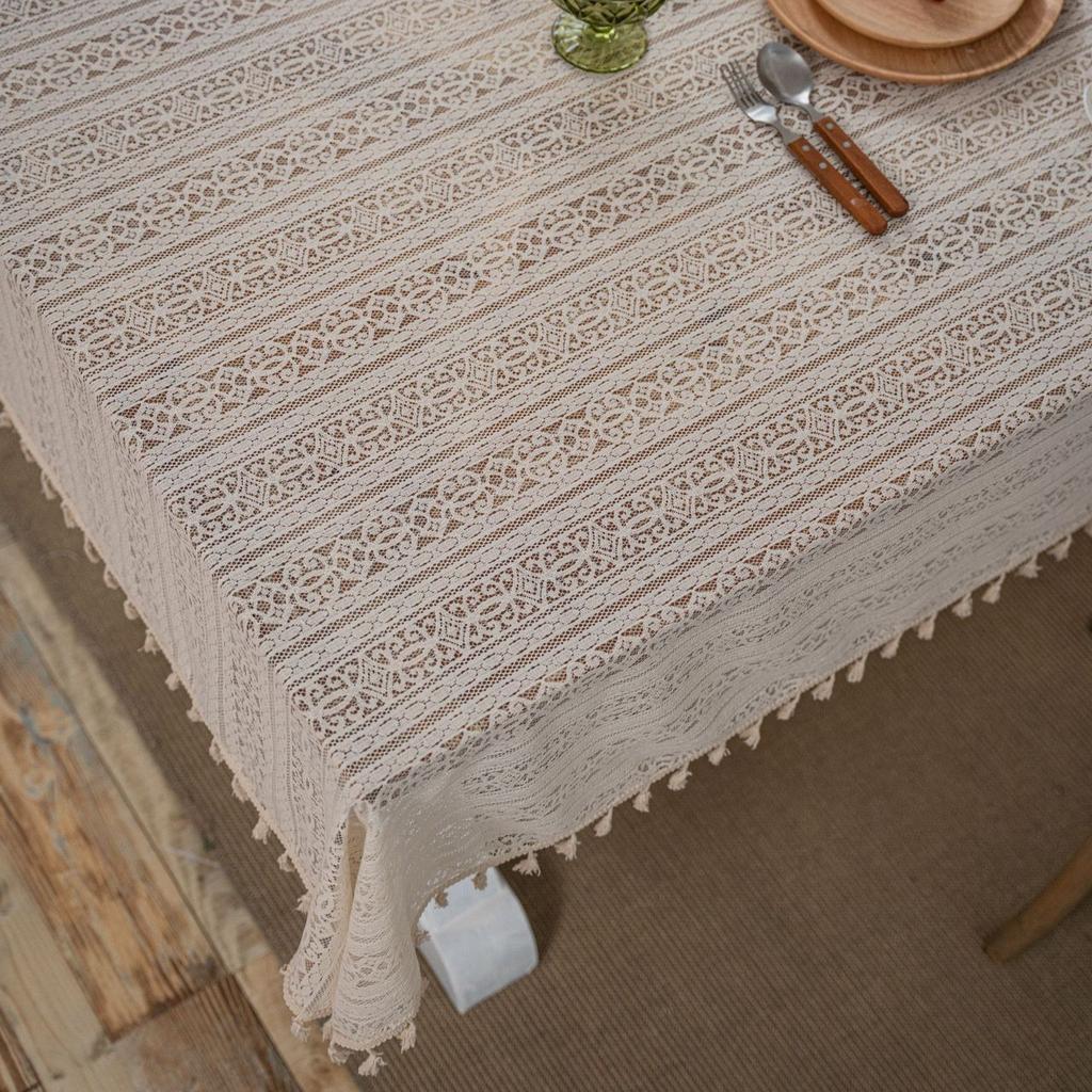 1pc Rustic Crochet Lace Tablecloth with Tassels – Elegant Diamond Plaid Design, Cream Floral Patterns, Perfect for Weddings, Family Banquets