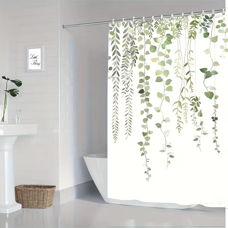 VIKAMA Nordic Fresh Green Leaf Shower Curtain Waterproof, Mould-Resistant Shower Curtain Light-Blocking Curtain Bathroom Decor