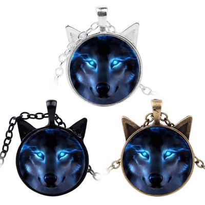 Unisex Schmuck Retro Wolf Kopf Anhänger Cabochon lange Kette Pullover Halskette