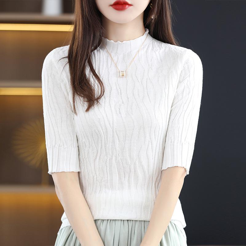Women's Slim Fit Mid-Sleeve Knitted Shirt - Soft Half Turtleneck for Early Autumn 2024