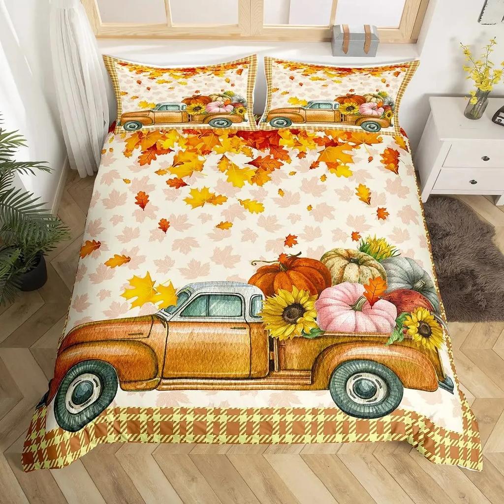 Thanksgiving Pumpkin Duvet Cover Set Maple Leaves Bedding Sets Truck Sunflower Comforter Cover Autumn Harvest Farmhouse Decor