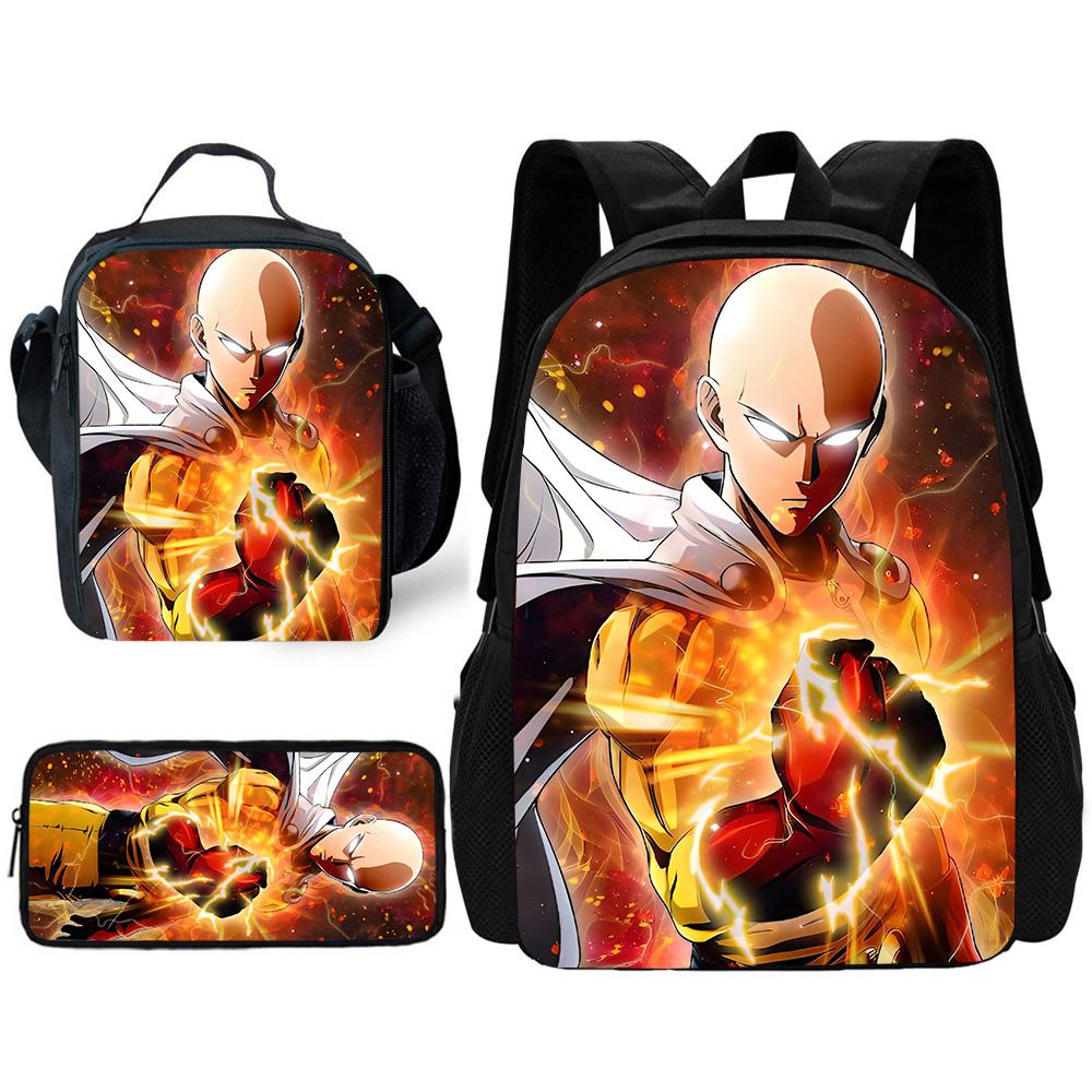 Kinder Anime One Punchs Man Schulrucksack mit Brotdosen ,Federmäppchen ,Schultaschen für Jungen Mädchen Bestes Geschenk