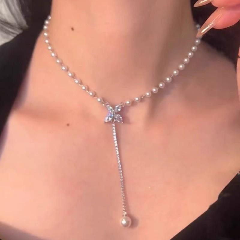 Butterfly Zircon Pearl Pendant Necklace Women Delicate Long Snake Chain Elegant Korean Style Jewelry 31-40cm Adjustable