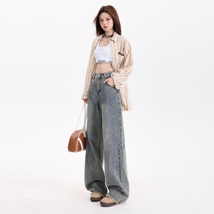 

Женские джинсы American Retro 2025 года с потертостями и необработанными краями, широкие — облегающие, длиной до пола, ленивый стиль Extra Small