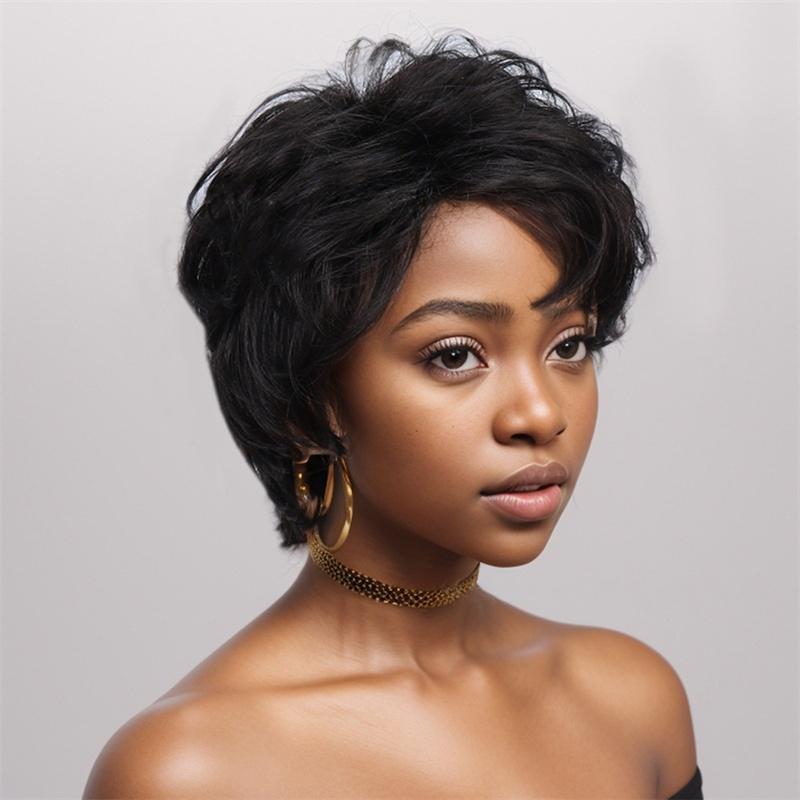 Synthetic Hair Short Black Wigs for Women Natural Hairstyle Casual Wig Black Mixed White Color Fashion Full Wig with Bangs