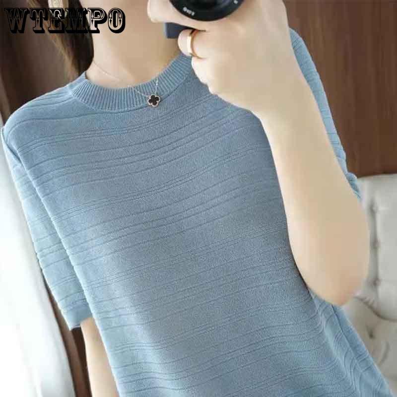 Women's Ice Silk Knitted T-shirt Summer Korean Edition Loose Loose Thin Short Sleeve Top
