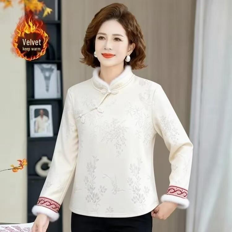 

Elegant Chinese Style Printed Plush Warm Women s Long Sleeve Top - Age-Reducing Slim Fit for Autumn/Winter 5XL (suggested 145-165 jin) вершковий