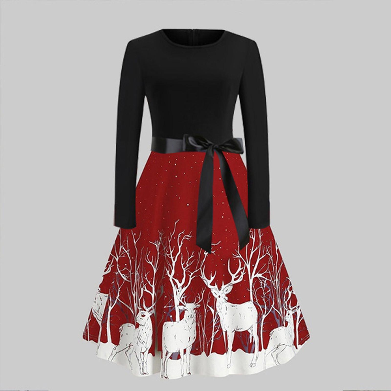 

Рождественский принт с пайетками в стиле пэчворк с длинными рукавами Вечерние платья с оленями и фигуристами S красный