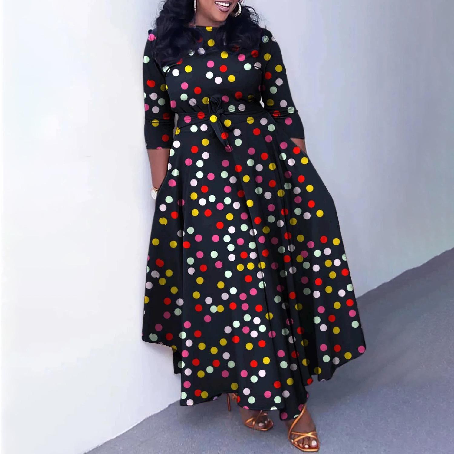 

Woman Summer Dresses Printed O Neck Three Quarter Sleeve Belt Waisted Straight Ankle Length Fashion Party Dress XXXL
