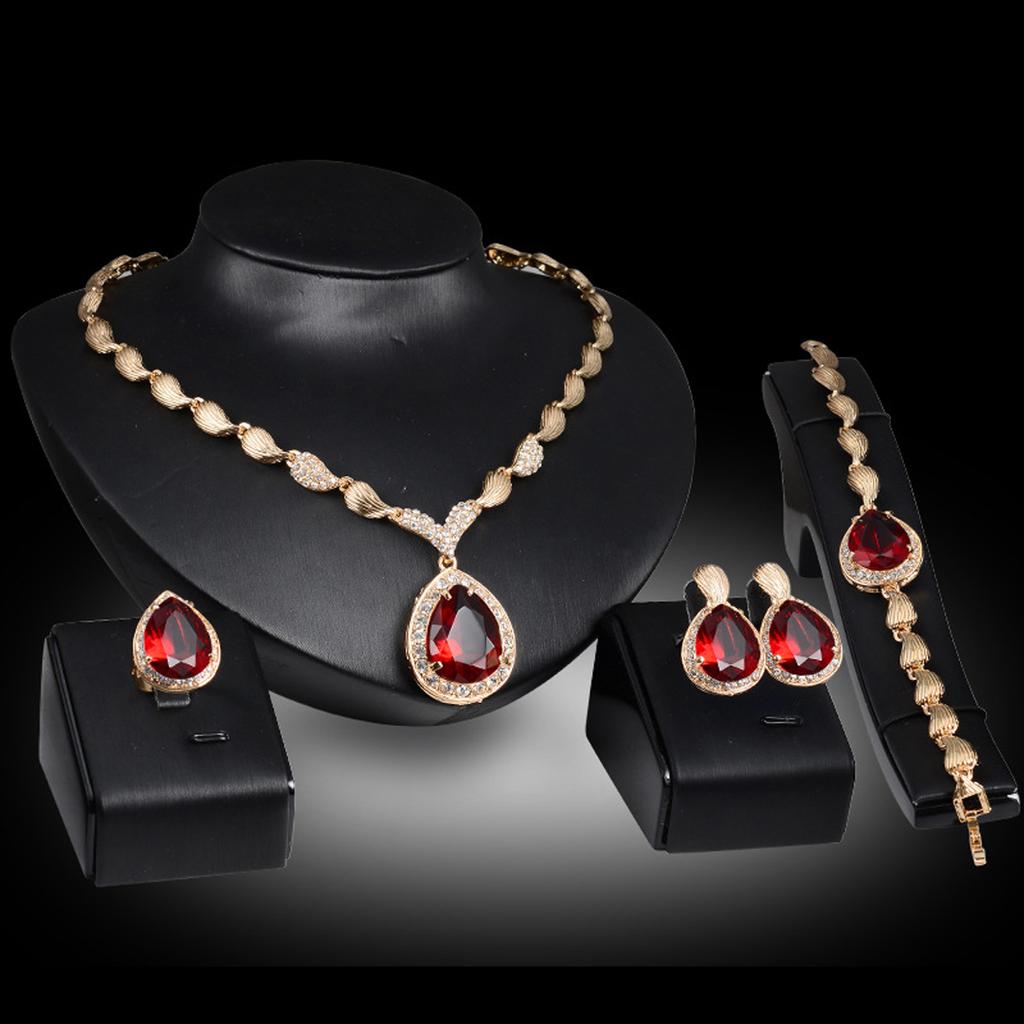 Foreign Trade Trend Exaggerated Droplet Gemstone Necklace Earrings Bracelet Ring Alloy Four Piece Set Bridal Banquet Jewelry