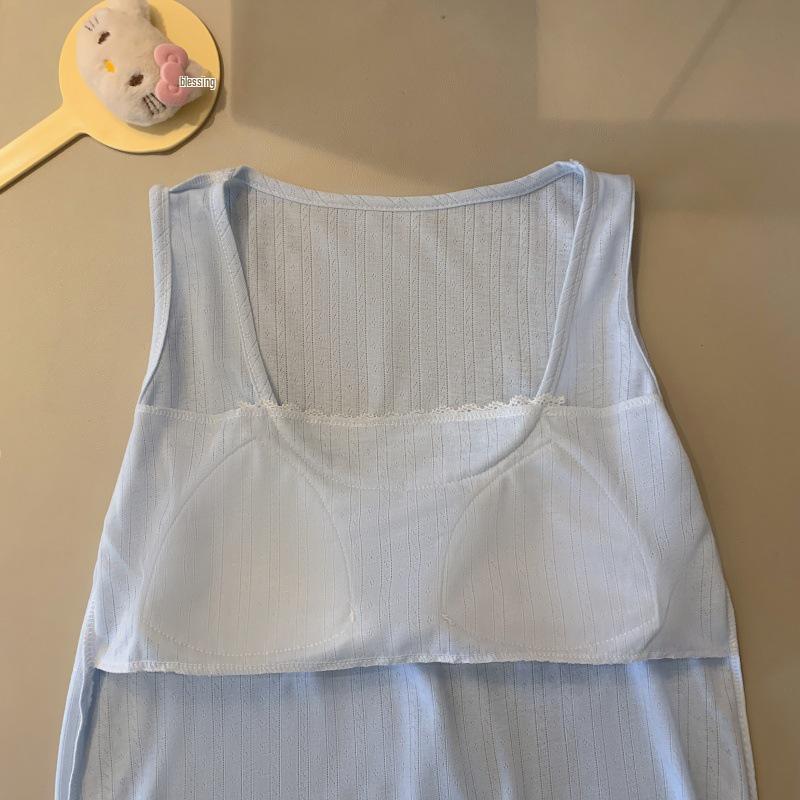 Women's Blue Sleeveless Pajama Shorts Set with Chest Pads, Summer Korean Style, Fresh Girly Design, Perfect for Home or Outdoors.