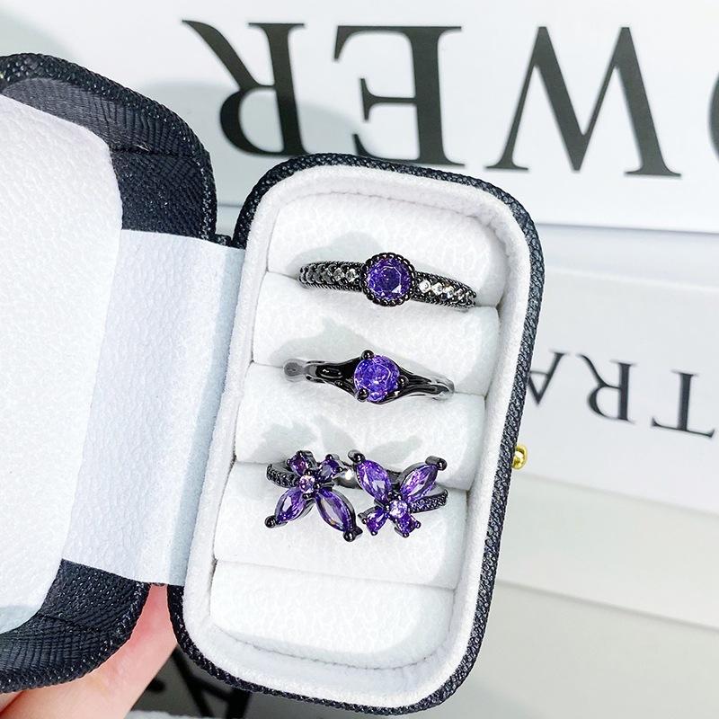 Dark Purple Diamond Zircon Colored Treasure Butterfly Opening Ring Personality Niche Punk Retro Advanced Sense Stacked Ring Woman