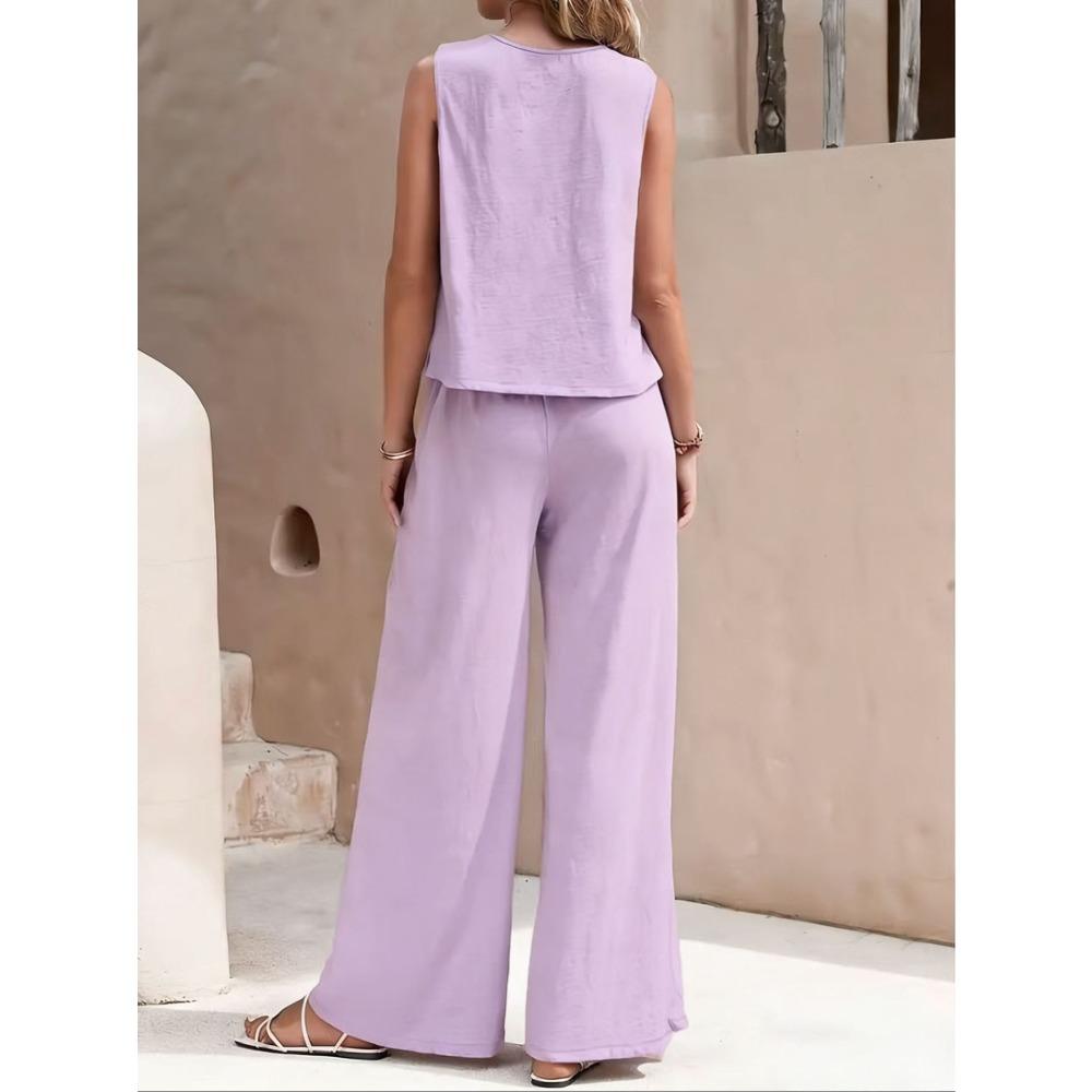 Women Solid 2 Piece Outfit, Round Neck Sleeveless Tank Top + Wide Leg Pants, Casual Matching Set