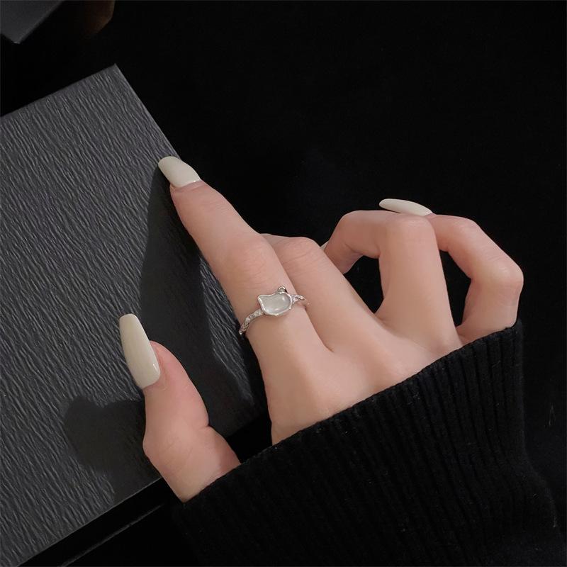 Imitation Chalcedony Open Ring Rabbit Personality Kitten Niche Design Light Luxury High-End Ring