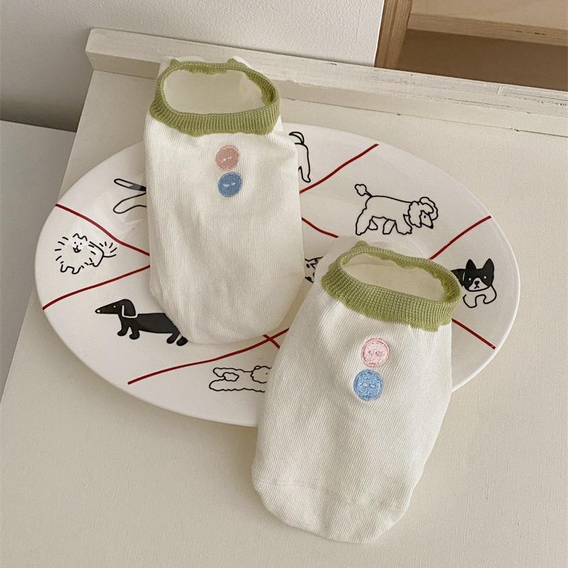 Ladies Spring and Summer Mesh Breathable Solid Color All Match Button Embroidery Silicone Non-slip Heel Socks