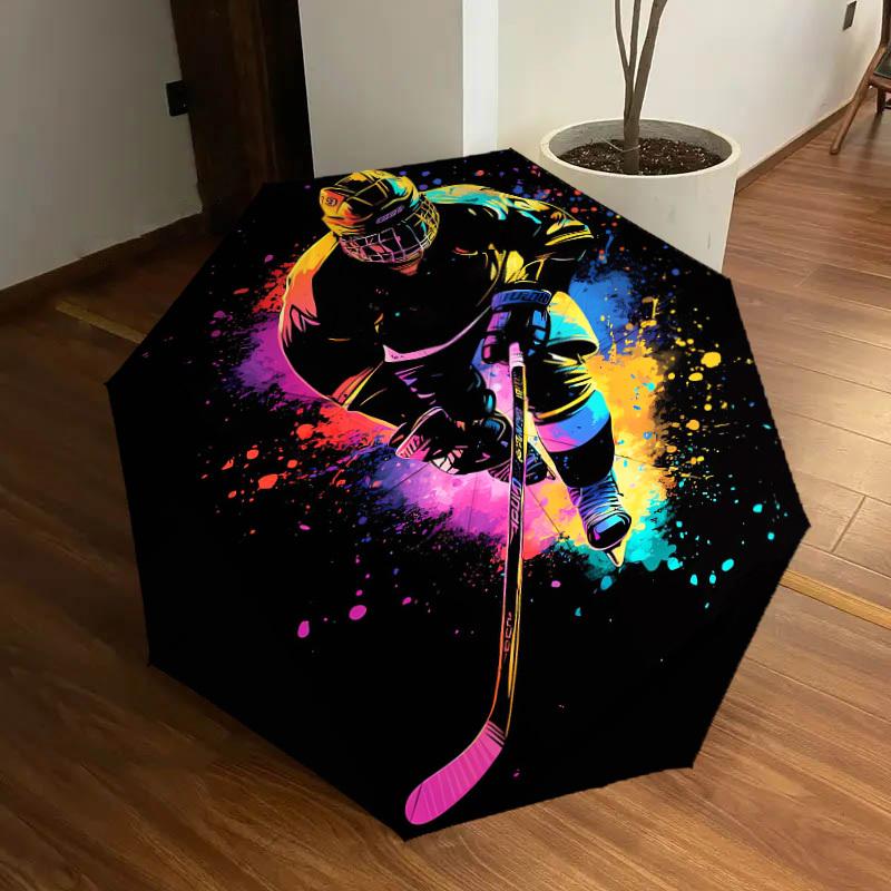 1PZ Ombrello Pieghevole Automatico Piccolo da Viaggio con Motivo Giocatore di Hockey, Ombrello Compatto Antivento, Apertura/Chiusura Automatica, Regalo-091575