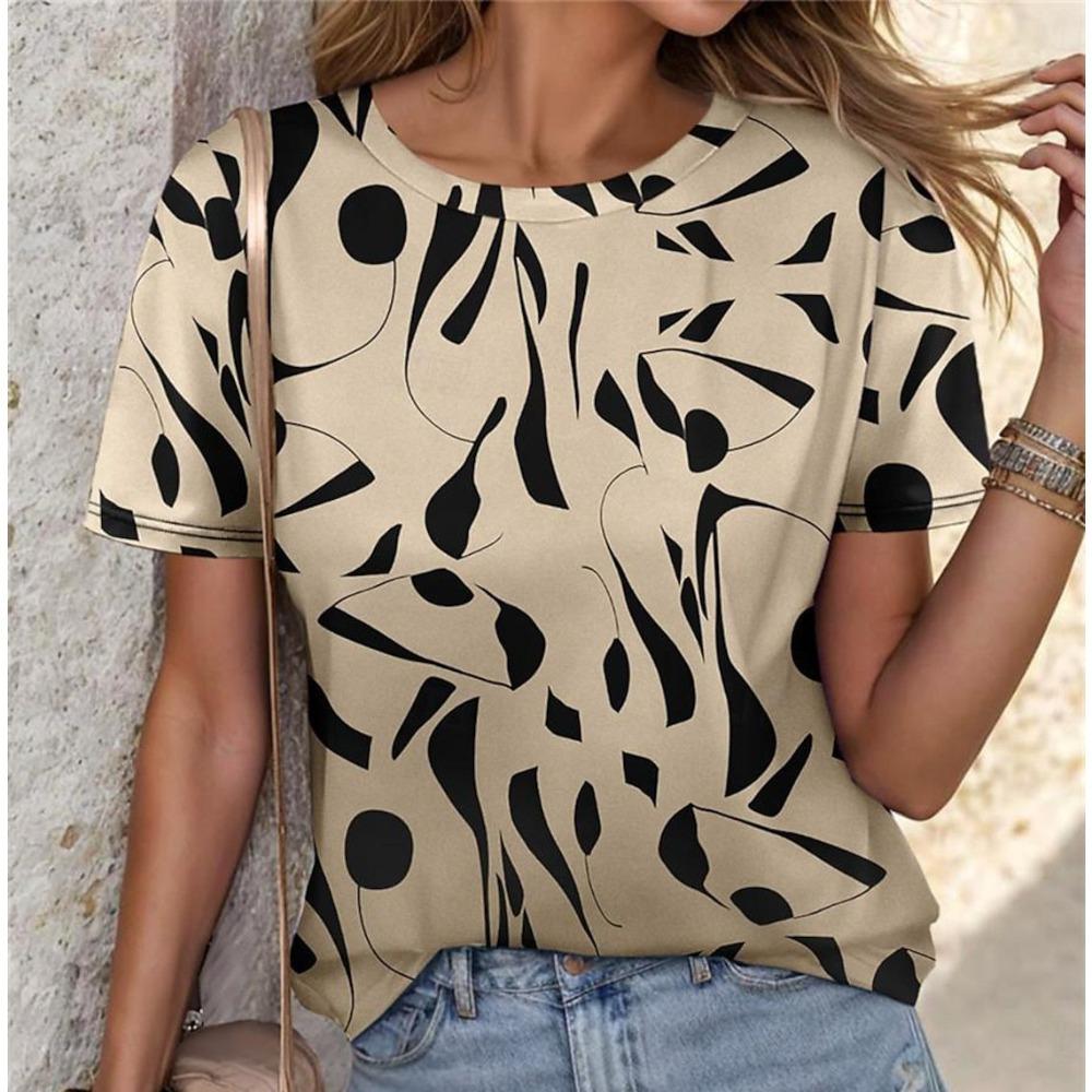 Fashionable Geometric Graffiti Pattern 3D Digital Printing Women's Trendy Round Neck Short Sleeved T-shirt