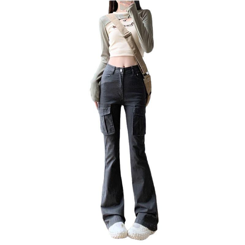 Women's Gray Micro-Flare High-Waisted Cargo Pants, 2025 Spring/Summer Collection - Slimming Multi-Pocket, Floor-Length