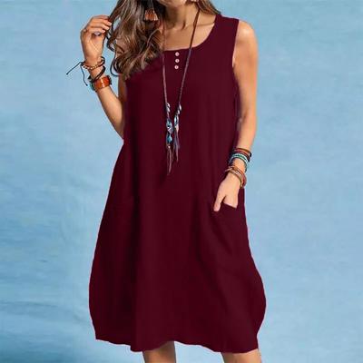 Robe ample décontractée en coton et lin pour femme, couleur unie, avec poches, collection printemps-été