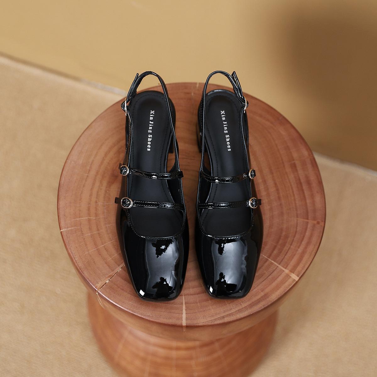 

3368-6 Customized Mary Jane square head mid-heel shoes for women s new retro versatile French thick heel shoes for women 35 чёрный