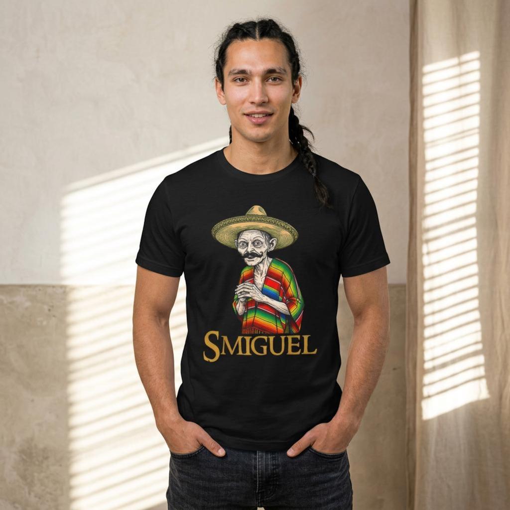 Smiguel Mexican Sombrero T-Shirt; Funny Culture Mashup Tee; Sméagol Parody Fiesta Graphic Top