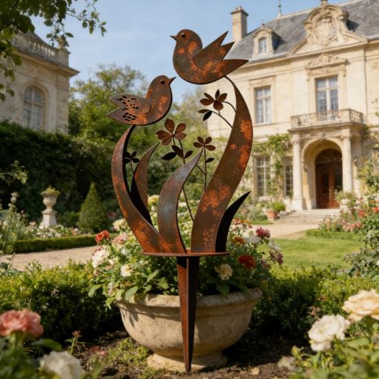 2 Stück Vogel und Wildblume Metall Gartenstecker Vintage Rost Außenpflanzenstecker Dekorative Hofkunst für Terrasse Rasen Veranda Dekoration