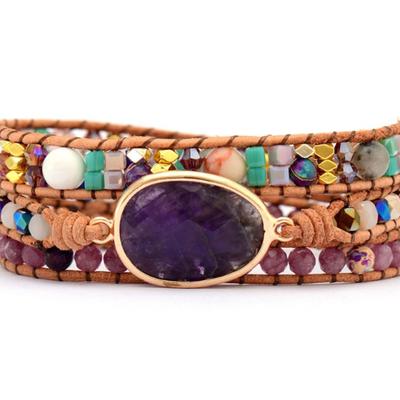 Amethyst Stone Bracelet Handmade Cowhide Cord Friendship Jewelry for Women Natural Beaded Good Luck Gift