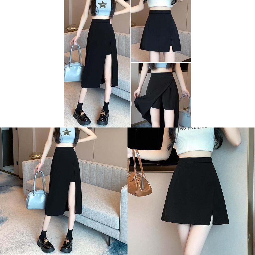 Womens Black Irregular Half Skirt With Slit In Polyester For Street Style Spring Summer