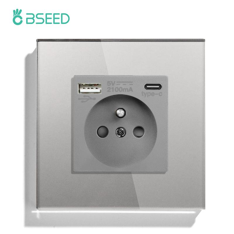 BSEED Single French Wall Socket Double Power Sockets Triple Electric Sockets With Type-c Double USB Charing Ports  Glass Frame