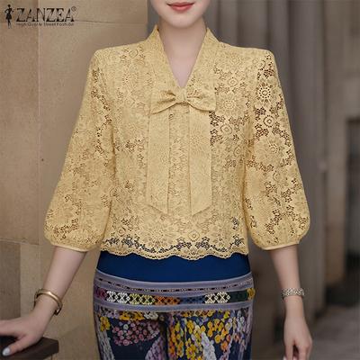 Women Casual V-Neck 3/4 Sleeve Patchwork Lace Blouse