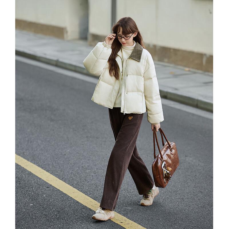 

TonLion Women s 2025 Winter Color-block Corduroy Collar Ultra-Short Down Jacket L