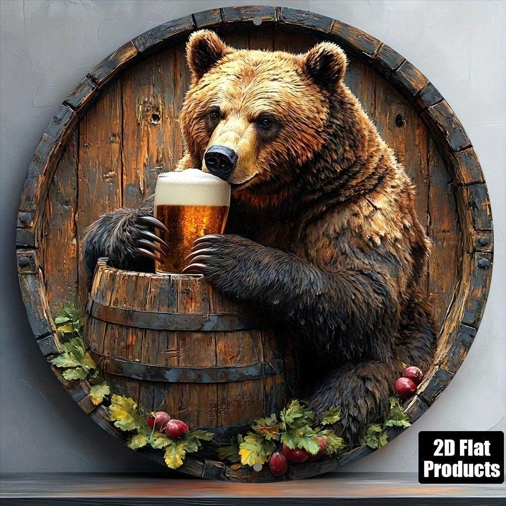 Vintage Bear Beer Round Metal Wall Sign 8x8 Inch Aluminum Plaque Bar Kitchen Home Decor