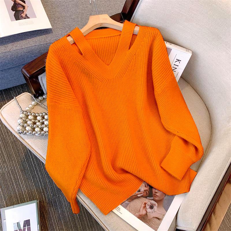 Women Lazy Style Loose Knit Pullover Off Shoulder V Neck Slant Neck Sweater Spring Autumn Plus Size