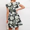 Women Fashion Summer Casual O-Neck Ruffle Sleeve Sleeveless Flowy Short Tunic Dress