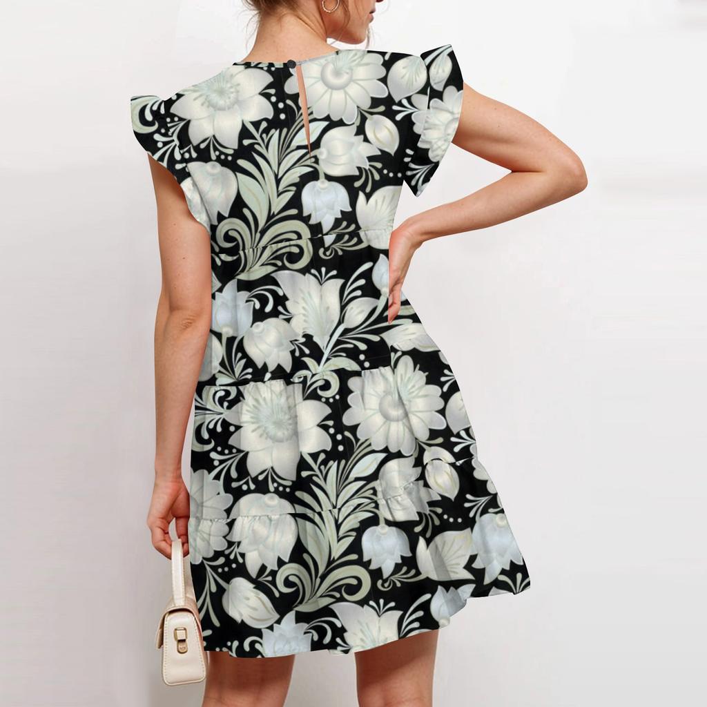 Women Fashion Summer Casual O-Neck Ruffle Sleeve Sleeveless Flowy Short Tunic Dress