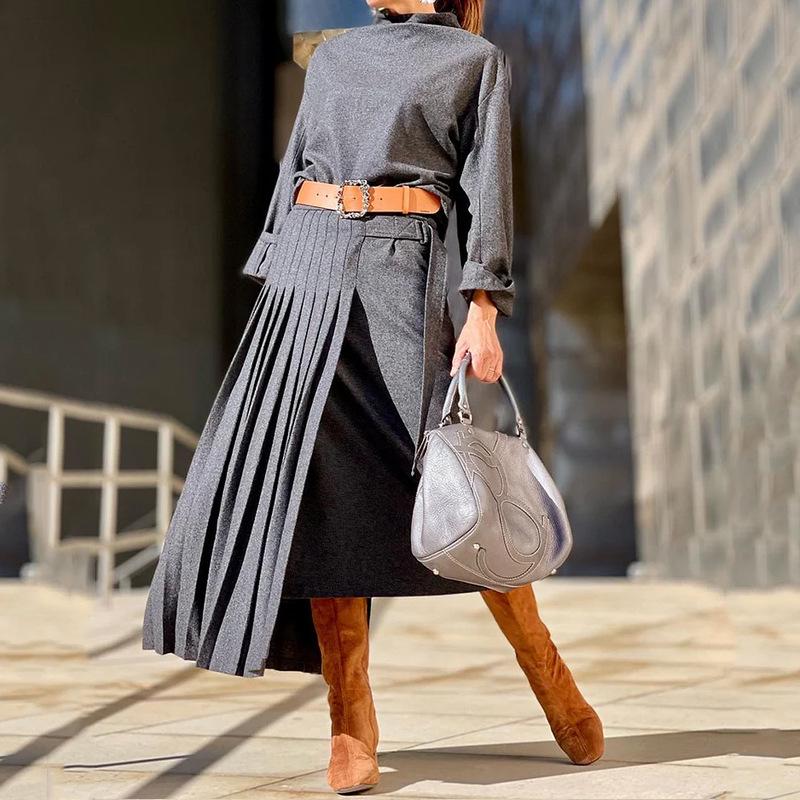 2023 Autumn Women's Long Sleeve Solid Color Two-Piece Loose Dress Set for Europe and America
